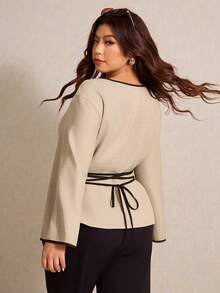 Elaquor Plus Size Color Block Trim Bell Sleeve Casual Blouse, Suitable For Spring & Autumn Bell Sleeve Long Sleeve Top - Apricot - View 2
