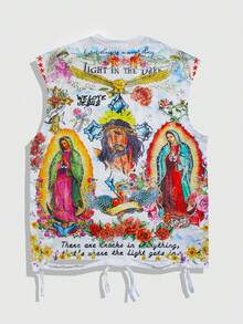 ROMWE MEN 2026春夏秋季男女通用休闲宽松无袖印花背心，街头风欧美时尚 - 白色 - 查看 2