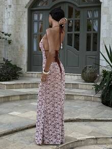 Opulessa 女士性感露背连衣裙，适合海滩度假 - 棕色 - 查看 7