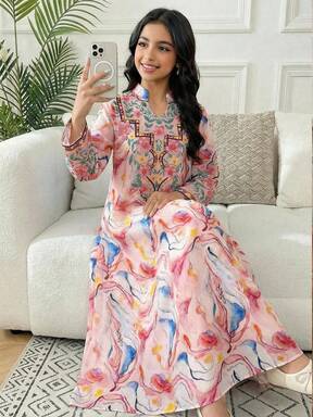 SHEIN Tween Girl Retro Print Loose A-Line 3/4 Sleeve Split Hem Robe, Blue & Green