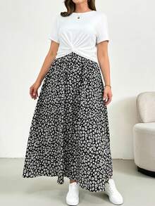 SHEIN Essnce Plus-Size Women's Summer Two Pieces Set, Short-Sleeved Set, Printed Half Skirt Two Pieces Set, Plus-Size Women's Casual And Comfortable Set, Printed Women's Clothing,Summer Outfits For Women Lounge Sets For Women Vacation Two Pieces Set 2 Piece Summer Outfit Summer Sets For Women 2 Piece Skirts Sets Two Peice Skirt Set Summer Long Skirt Sets Summer - White - View 3