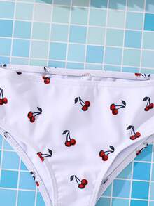 SHEIN 2件套可爱樱桃印花荷叶边女童（小号）泳衣套装，夏季海滩度假 - 白色 - 查看 6