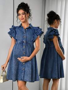 Momance Fashionable & Elegant Ruffle Sleeve Button Front Maternity Denim Dress - Blue - View 3