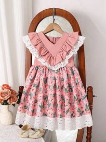 SHEIN 少女碎花V领荷叶边下摆休闲连衣裙 - 彩色 - 查看 6