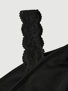 SHEIN MOD Plus Size Women's Solid Color Contrast Lace Off-Shoulder Long Sleeve Sweatshirt - Black - View 3
