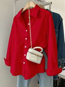 Resyla Áo sơ mi nữ cỡ lớn tay dài màu trơn cài một hàng khuy, kiểu dáng thường ngày/công sở - Nhiều màu - Xem 1