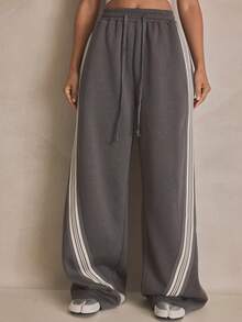 MUSERA 条纹细节阔腿弹力腰慢跑裤，夏季、运动、休闲、日常、街头风、潮流服饰 - 灰色 - 查看 2