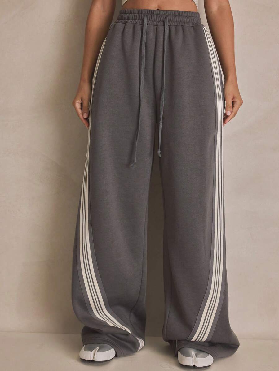 MUSERA Quần jogger ống rộng, cạp chun, chi tiết sọc, phong cách thể thao năng động, thường ngày, thời trang đường phố, phù hợp cho mùa hè. - Xám - Xem 1