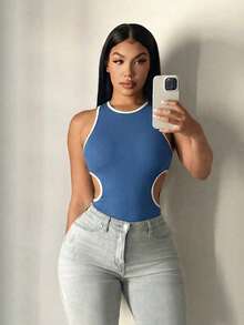 SHEIN SXY Áo liền thân nữ kiểu dáng thể thao, gợi cảm, phối màu xanh dương và trắng. - Màu xanh lam - Xem 5