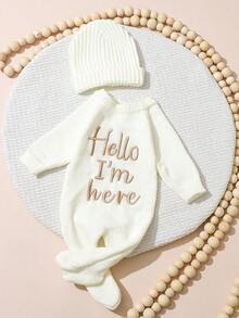 SHEIN 2 件套“你好，我在这里”刺绣新生儿男孩女孩摄影服装针织婴儿连体衣连脚连体衣带帽子婴儿 1 个月 100 天拍照道具 - 彩色 - 查看 7