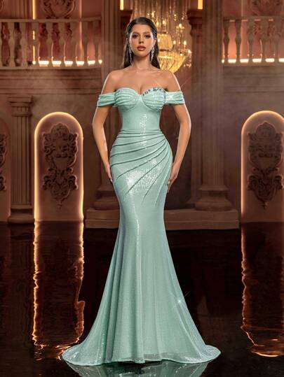 Glamrae Elegant Luxurious Mint Sequin Embroidered, Handmade Decorative Rope Effect, Pleated Strapless Regular Shoulder Dropped Sleeve Mermaid Formal Evening Gown