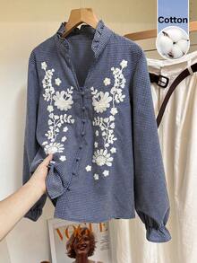 SHEIN Frenchy Áo sơ mi nữ tay dài cài cúc, chất liệu cotton, họa tiết kẻ caro hoa, kiểu dáng thường ngày, thích hợp mặc đi chơi, mùa hè, mùa xuân, mọi mùa, công sở thường ngày, phong cách Pháp, công sở kinh doanh, kỳ nghỉ, khu nghỉ dưỡng. - Nhiều màu - Xem 1