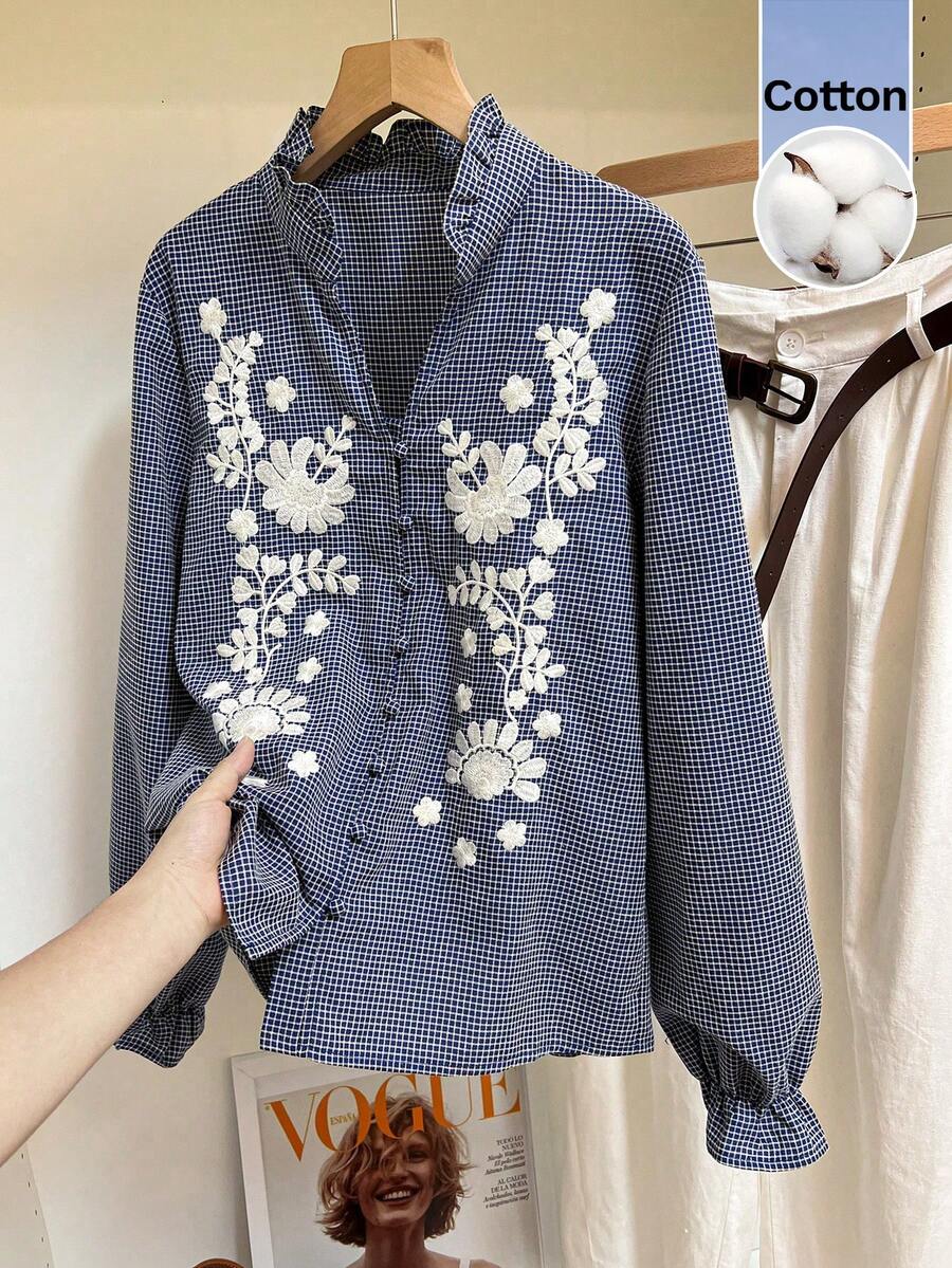 SHEIN Frenchy Áo sơ mi nữ tay dài cài cúc, chất liệu cotton, họa tiết kẻ caro hoa, kiểu dáng thường ngày, thích hợp mặc đi chơi, mùa hè, mùa xuân, mọi mùa, công sở thường ngày, phong cách Pháp, công sở kinh doanh, kỳ nghỉ, khu nghỉ dưỡng. - Nhiều màu - Xem 1