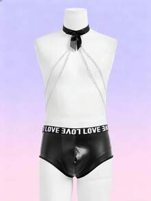 FeverCity Men's Sexy Lingerie With Letter Woven Strap And Chain Necklace - Black - View 2