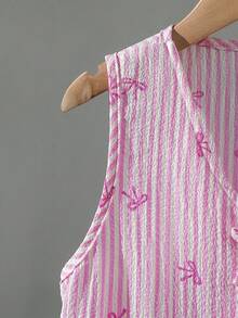 Tween Girls' Spring/Summer Vacation Beach Countryside Sweet Bow Striped Cardigan Sleeveless Crop Top + Loose Straight Pants Woven Vest Set - Pink - View 6