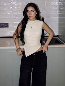 AfricaSnchz Áo ba lỗ dáng ôm cổ đứng xếp ly viền bất đối xứng màu trơn dành cho nữ, mùa xuân/hè - Màu be - Xem 3