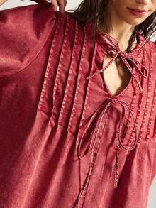 Bohemela 女士休闲度假前系结灯笼袖褶皱娃娃衫，春夏秋季 - 紅木色 - 查看 3