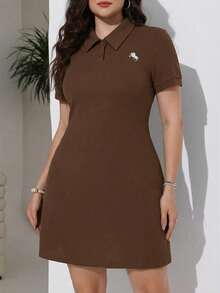SHEIN EZwear 大码经典白色Polo领连衣裙，夏季 - 棕色 - 查看 4