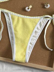 Swim Mod Women's Summer Vacation Beach Contrast Trim Textured Spaghetti Strap Bikini Set - Yellow - View 6