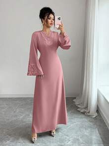 Rafferiza Women's Loose V-Neck Ruffle Hem Long Sleeve Robe, Turkish Robe, Arabic Robe Dress Modest Bell Sleeves Long Sleeve Elegant Dress Prayer Dress Women Clothing Elegant - Pink - View 4