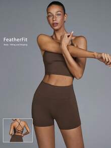 Menodora SHEIN Sport 一套纯色露背吊带上衣和短裤，瑜伽/健身服 - 咖啡棕 - 查看 6