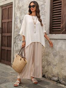 EMERY ROSE Women's Vacation Casual Solid Color Batwing Sleeve Shirt And Striped Pants 2-Piece Set Casual Outfit For Women   Casual Sets For Women  Summer Holiday Outfits Vacation Outfits For Women Ladies Casual Sets Two Piece Set Women Short Sleeve Summer Pants Sets Two Piece Set Women Comfy - White - View 4