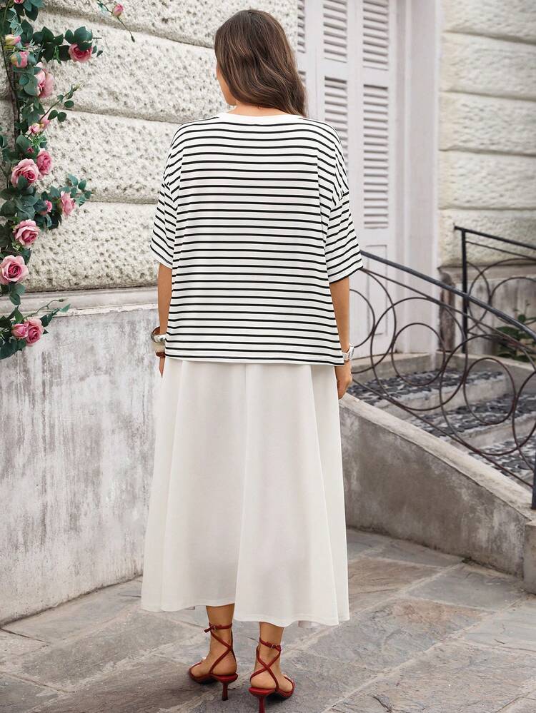 Plus Size Striped T-Shirt + Skirt 2 Pieces Set For Summer/ Vacation, Striped Top With White Skirt Two Piece Set Women Skirt White Skirt And Top Set Striped Skirt Summer Modest Outfits For Women Casual Skirt