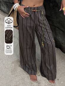 Livesso Striped Woven Waist Belt Casual Women Pants - Coffee Brown - View 1