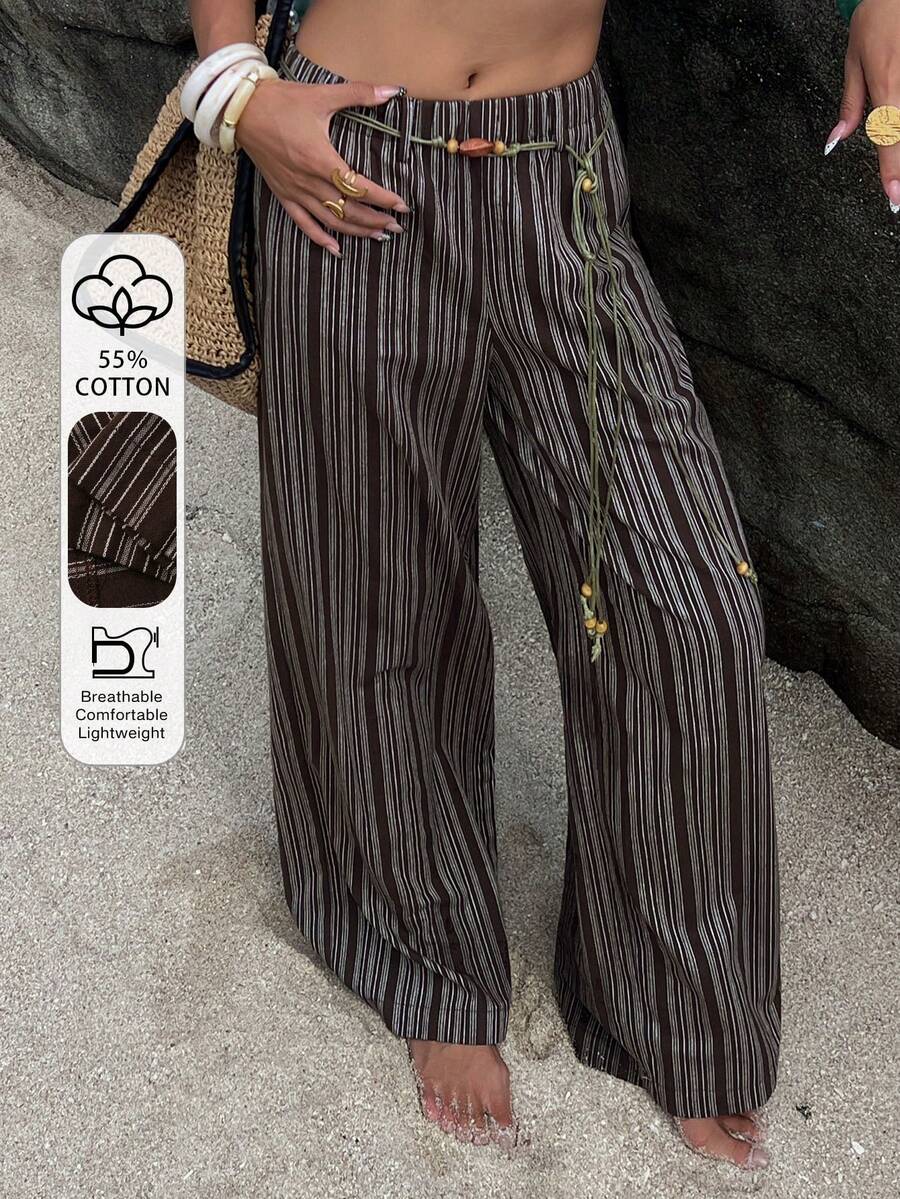 Livesso Striped Woven Waist Belt Casual Women Pants - Coffee Brown - View 1