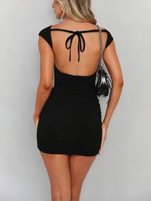 INAWLY Women's Solid Color Short Sleeve Casual Short Mini Dress - Black - View 2