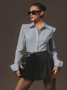 Hauture Women's Sexy Office Casual Bold Shoulder With Boning Long Sleeves Shirt Bodysuit - Blue - View 3