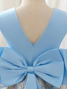 SHEIN Glamorique Kids 少女洋裝，大蝴蝶結，適合正式場合，生日派對花童，夏季，舞會禮服婚禮藍金優雅 - 藍色 - 查看 4