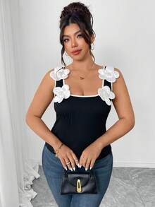 Elenzga Camiseta sin espalda elegante y sexy para mujer talla grande, de punto elástico ancho con decoración floral 3D, cómoda y elegante, color blanco - Blanco y Negro - Ver 5