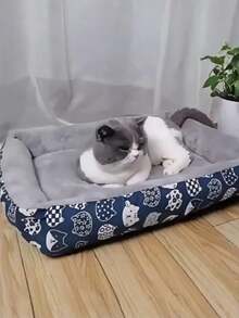 1 PC Cozy Comfortable Fade Resistant Wear Resistant Plush Polyester Fill Blue Paw Print Design Soft Pet Bed For Cats Small Dogs Indoor Sofa Cushion Easy Clean Material Playful Pet Design For Home Indoor Pet Supplies - Blue - View 10