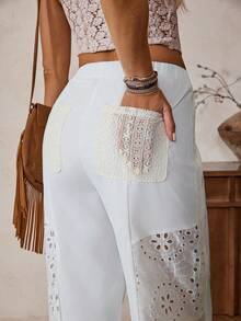 LanaWest Western Style Lace Patchwork Hollow Out Ankle-Tied Versatile Women's Pants, Spring/Summer - White - View 2