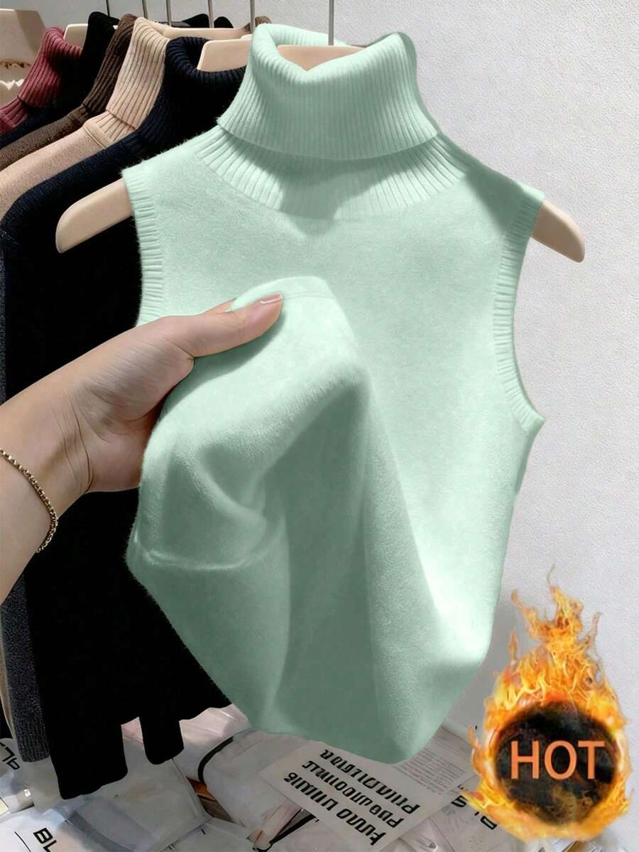 Franclia Áo vest dệt kim không tay thời trang mới cho mùa thu/đông dành cho nữ, dáng ôm, mềm mại và ấm áp, dày dặn, cổ cao, thích hợp mặc lót bên trong. - màu xanh lá - Xem 1