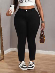 Slaydiva Jeans casuales de talla grande de unicolor con bolsillo en ángulo y silueta ajustada - Negro - Ver 8