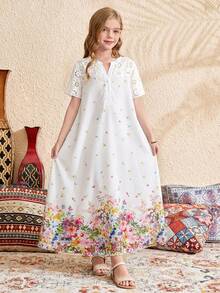 SHEIN 少女白色缺口領刺繡花卉喇叭裙中長度假洋裝 - 紅色 - 查看 7