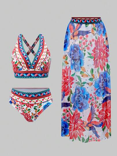 Swim Oasis 女士夏季沙滩印花时尚性感比基尼泳衣套装，含罩衫和裙子