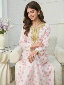 Áo Abaya Ramadan, Jalabiya, trang phục truyền thống Ả Rập, trang phục truyền thống Trung Đông cho bé gái, áo choàng cổ thêu vàng in họa tiết nơ. - Hồng - Xem 3