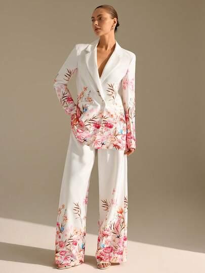 CLARA VERO White Floral Print Blazer And Wide Leg Pants Set: Regular Fit And Vibrant Botanical Print, Perfect For Spring Parties Or Elegant Office Days, Crafted In Smooth Non-Elastic Polyester Featuring Sharp Lapels And Colorful Statement Hem Pant Suit Summer Sets Summer Suits For Women Pant Suits For Wedding Blouse And Pants Set Resort Wear 2025