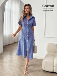 Easowa 女士格子印花纽扣短袖中长连衣裙 - 藍白色 - 查看 6