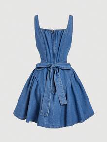 SHEIN MOD Women's Casual Waist Cinched Sleeveless Denim Dress, Summer - Blue - View 2