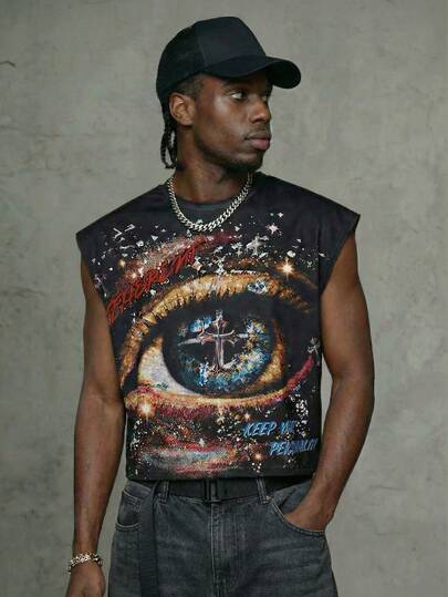 Manfinity ZONE917 Box-Cut Distressed Men's Colorful Starry Sky & Cross Print Cropped Tank Top (High Quality), Suitable For Summer