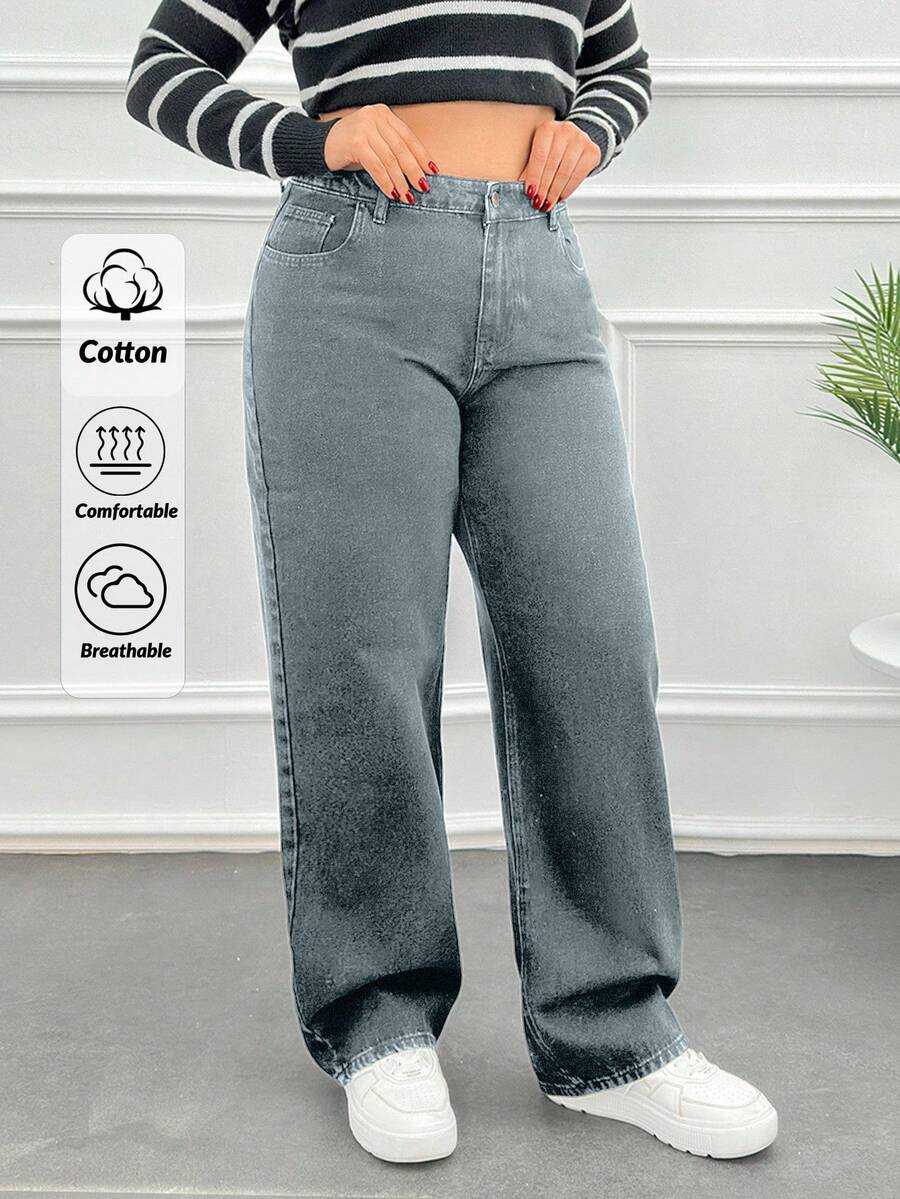 HIGH RISE STRAIGHT PLUS SIZE RELAX JEAN - Dusty Blue - View 1