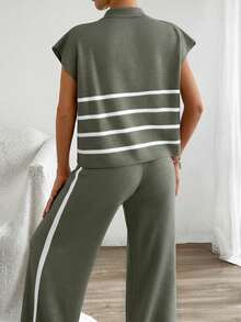 Stripe Polo Neck Sweater & Knit Pants Co-Ords - Green - View 5