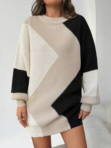 EURMUSE Multicolor Geometrical Pattern Long Sleeve Round Neck Sweater - Multicolor - View 6