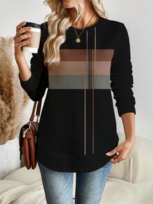 Áo sweatshirt dài tay cổ tròn kẻ sọc màu nâu dáng rộng thoải mái dành cho nữ, thích hợp cho mùa thu/đông. - Nhiều màu - Xem 7