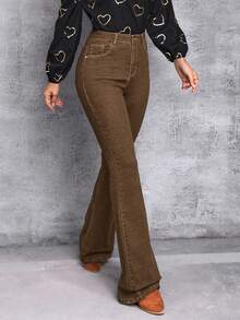 SHEIN Tall Women's High Waist Pockets Casual Versatile Flare Jeans - Khaki - View 3