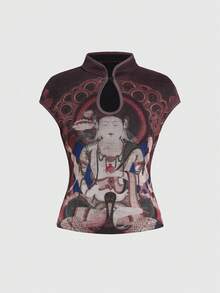 ROMWE Avant Spring/SummergraphicVintage Neo-Chinese Style Mesh Print Mandarin Collar Top - Multicolor - View 2